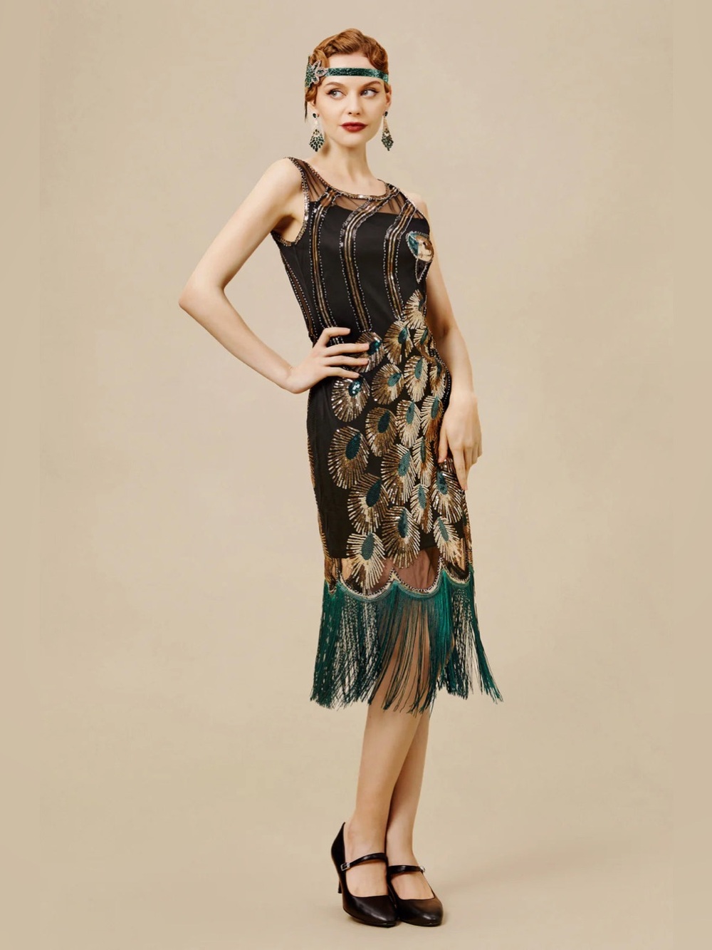 Babeyond 1920s Glitter Sequin Peacock Scoop Neck Dress large flapper
